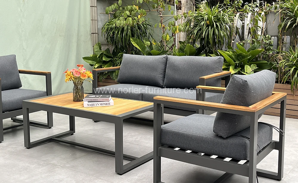 High Quality Outdoor Aluminum Frame Teak Wood Armrest Sofa