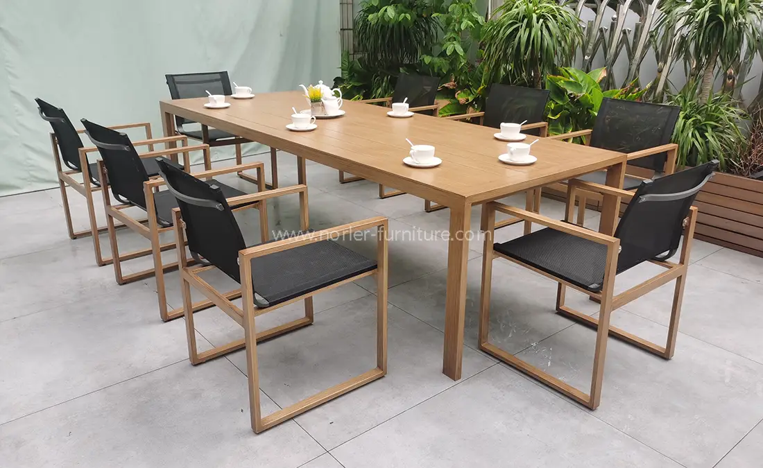 Newest Outdoor Aluminum Brushed Wood Grain Frame Dining Set