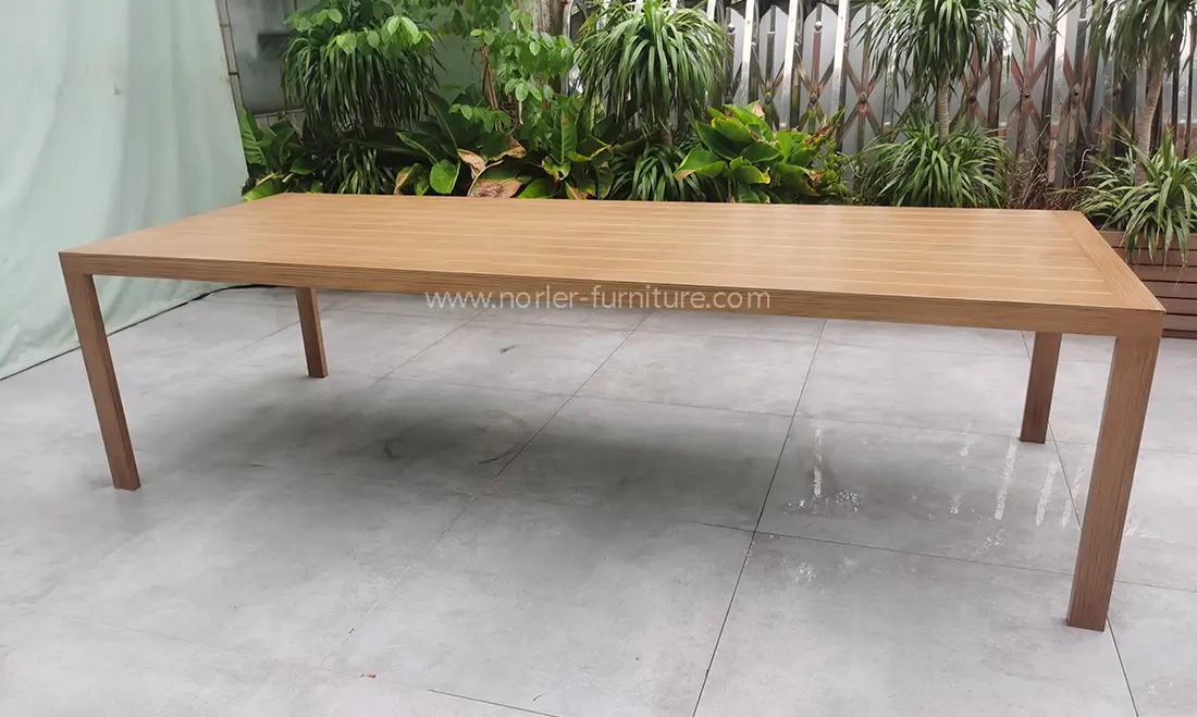 Newest Outdoor Aluminum Brushed Wood Grain Frame Dining Set