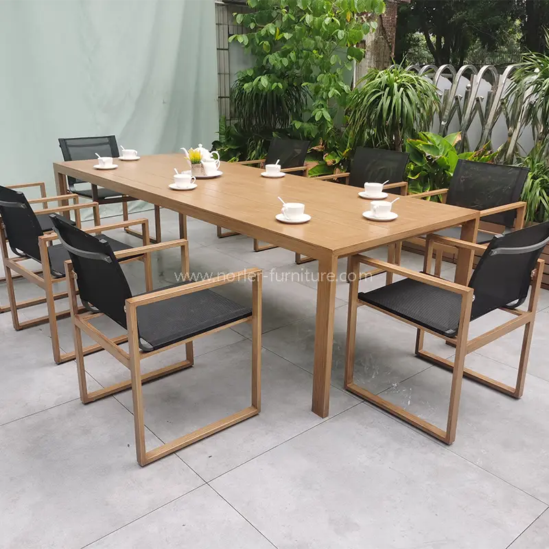 Newest Outdoor Aluminum Brushed Wood Grain Frame Dining Set