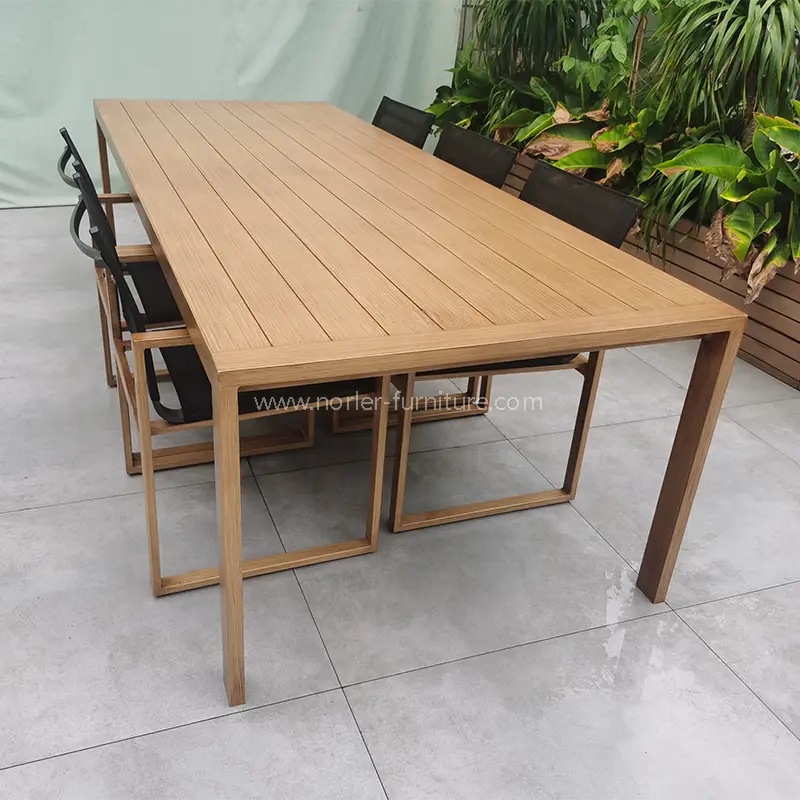Newest Outdoor Aluminum Brushed Wood Grain Frame Dining Set