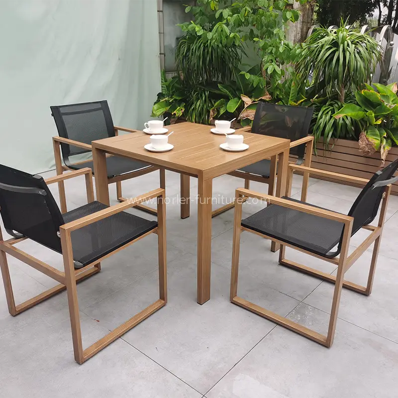 Newest Outdoor Aluminum Brushed Wood Grain Frame Dining Set